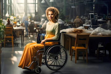 Disabled woman boss entrepreneur in a wheel chair in a sewing factory. Hold tabled in hands.