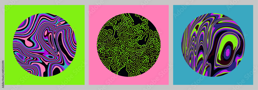 Aufkleber Set of graphic design elements in neon colors with glitched pattern. Circle shapes with distorted texture made of flowing lines.