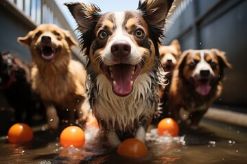 A dog daycare center, where furry pals gather for a day filled with fun, frolic, and furry friendships.  - obrazy, fototapety, plakaty