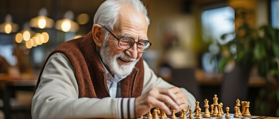 In a retirement community, elderly companions play chess on the living room sofa..