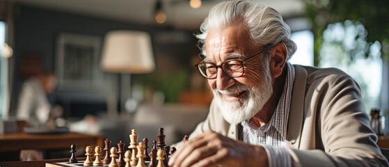 In a retirement community, elderly companions play chess on the living room sofa..