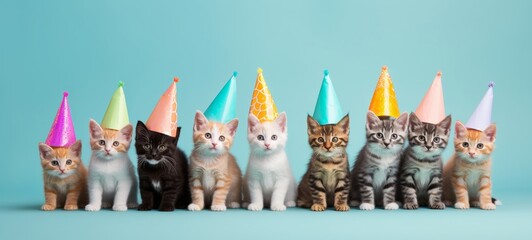 Celebration, happy birthday, Sylvester New Year's eve party, funny animal greeting card - Group of cute little cats pets with party hat on blue pink table wall background texture