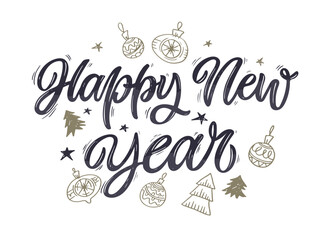 Obraz premium New year holiday greeting card. Merry Christmas and happy new year - cute postcard. Lettering label for poster, banner, web, sale, t-shirt design. 2024