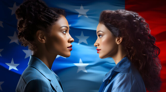 cara de mujeres empoderadas mujeres americanas de estados unidos con banderas y estrellas en color azul y rojo