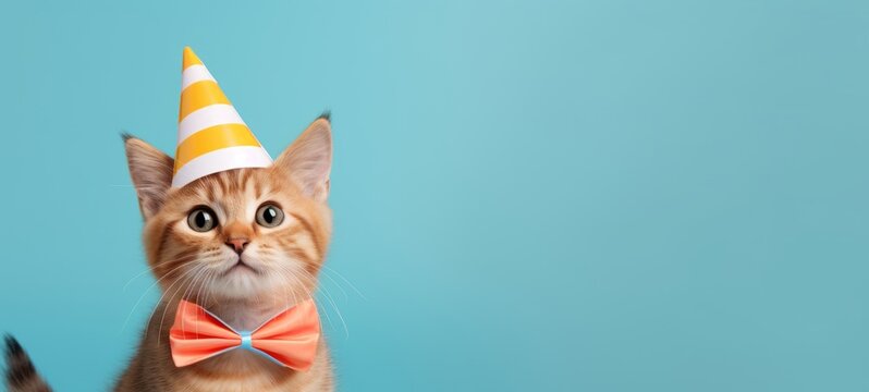 Celebration, happy birthday, Sylvester New Year's eve party, funny animal greeting card - Cute little cat pet with party hat and bow tie on blue wall background texture