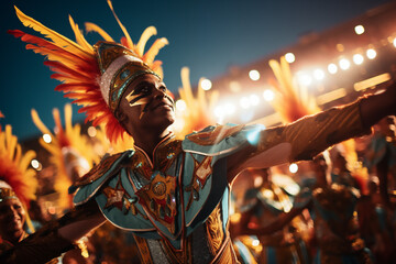 Brazilians playing, dancing and having fun at a Carnaval parade celebration