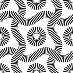 Decorative grid with black and white striped wavy lines and circles. Abstract geometric background. Modern graphic texture. Seamless repeating pattern. Vector illustration.