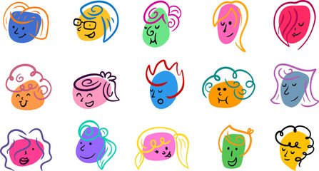 Set cartoon abstract head girl, woman, grandmother in funny simple doodle draw style. Bright fashion emotion faces various people. Bright design character emotion. Collection flat vector illustration.