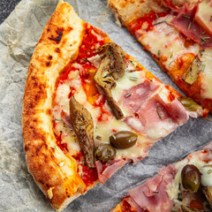 pizza artichoke ham olives fresh hot fast food eating cooking appetizer meal food snack on the table copy space