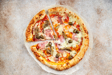 pizza artichoke ham olives fresh hot fast food eating cooking appetizer meal food snack on the table copy space