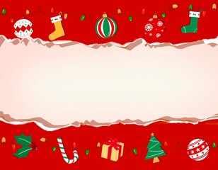 Christmas and New Year background frame with Christmas symbols decoration, tear paper style, copy space