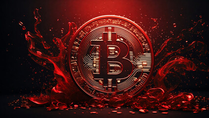 A Bitcoin is completely covered in blood.
