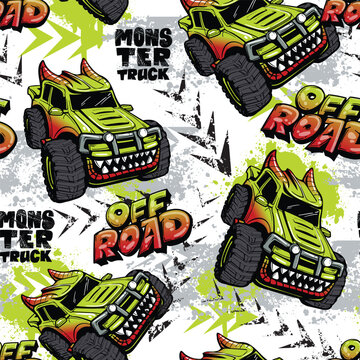 Dragon Monster car seamless pattern on grunge textured arrow background. Grunge SUV car ornament for sport textile, boy clothes, wrapping paper. Off road car illustration with text Extreme, 4x4.