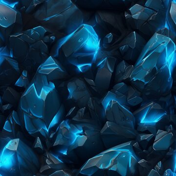 Seamless stone texture in a hand-painted style. Painted texture of stones glowing with blue color. Magical blue gems. 2D texture for games.