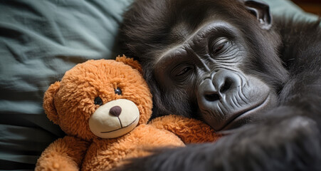 Gorilla and Brown Bear in Peaceful Sleep - A Heartwarming Adobe Stock Image of Gentle Cuddle.