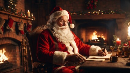 Santa Claus reads letters in his house by the fireplace.
Generative with AI