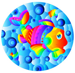 Fototapeta na wymiar A stained glass illustration with a funny rainbow cartoon fish on a blue background, oval image