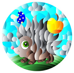 Illustration in the style of a stained glass window with a cute cartoon hedgehog on the background of a green meadow and a cloudy sky