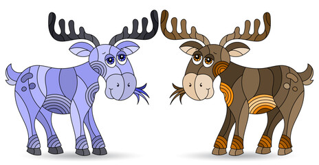 A set of stained glass-style illustrations with cute cartoon mooses, animals isolated on a white background, tone blue and brown