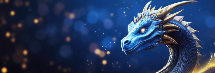Beautiful magical blue dragon, mythical cosmic creature on a galaxy bokeh background with copy space, legendary magic dragon astrology celestial energy banner represents spirituality and universe, hd - obrazy, fototapety, plakaty