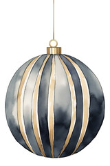 Watercolor Christmas ball ornament, Minimal style Gold and black  Christmas hanging baubles isolated.