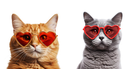 Orange and Grey Cats Donning Heart-Shaped Sunglasses for Valentine’s Day, Isolated on Transparent Background, PNG