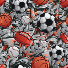 Sport seamless pattern with soccer ball, basketball, rugby ball, football, baseball. Sports repeat print. Footballs endless ornament. Equipment for sport. © Kseniia Koval