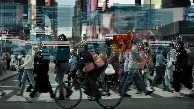 Computer Interface Showing Data of Anonymous Crowd. Surveillance Footage, Face Recognition.
People Walking on Busy Urban City Streets. Big Data Analysis. Surveillance concept. Suspect found.