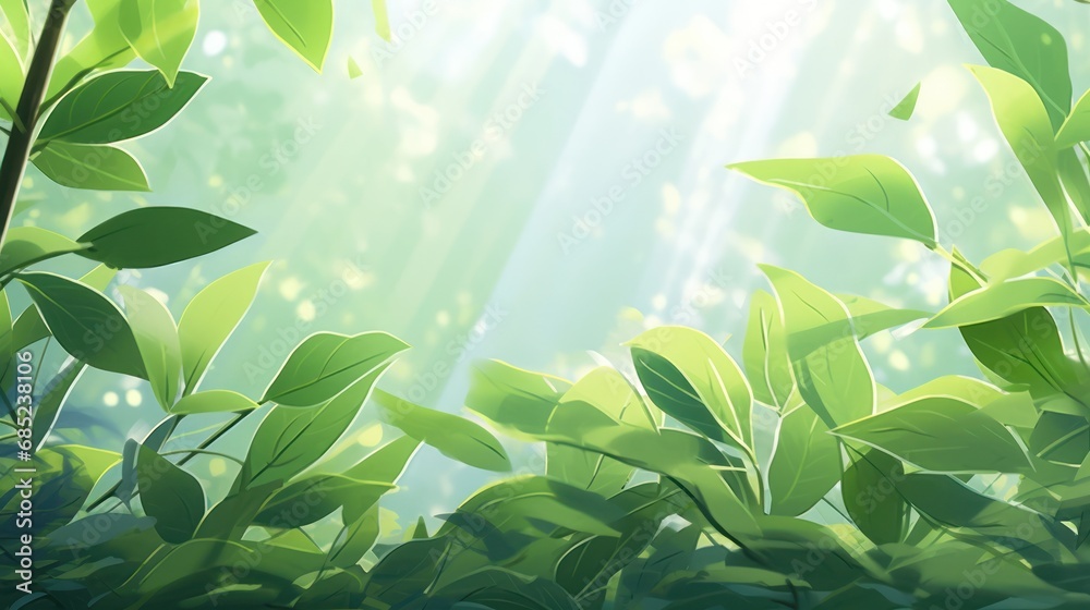 Poster close-up of light green leaves and sunlight. blurred background. beautiful natural bokeh. copy the s