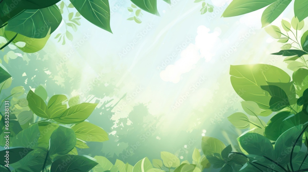 Poster close-up of light green leaves and sunlight. blurred background. beautiful natural bokeh. copy the s