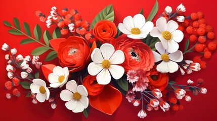 Spring flowers on red background, berries, leaves, floral pattern