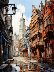 Fototapeta na wymiar Rain-Kissed Cobblestones: A Picturesque Street in a European Town with a Clock Tower