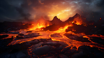 volcano eruption lava flow Iceland,Generative Ai.
