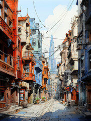 Rain-Kissed Cobblestones: A Picturesque Street in a European Town with a Clock Tower