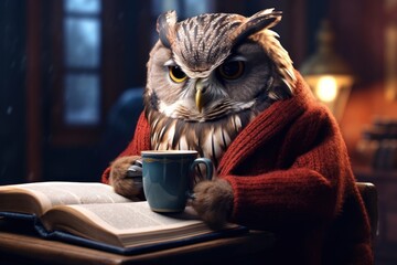 An owl wearing glasses, reading a book and sipping tea