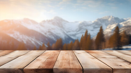 Wooden Terrace the blurred and Christmas background. Wood white table top perspective in front of natural in the sky,Generated with AI.