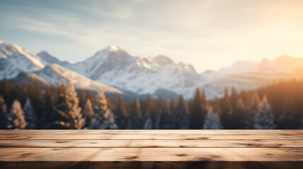 Wooden Terrace the blurred and Christmas background. Wood white table top perspective in front of...