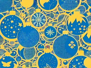Christmas holiday pattern with balls. Christmas blue and yellow background with Christmas balls. AI-generated digital illustration, flat style.