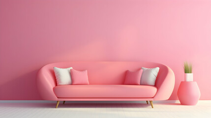 A pink pastel colored sofa in a pink walls living room mock up.Generated by AI