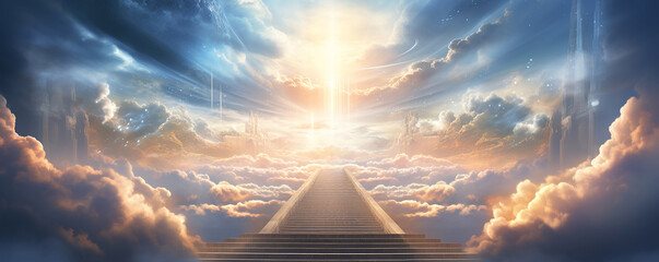 Stairs to Doors Paradise: Architectural Journey into a Mystical Wonderland, Discover the Enchanting Pathway, 
on religions Faith, forgiveness to God, Heavenly gate  sunbeam gold motivation imagination - obrazy, fototapety, plakaty