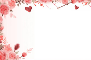 Valentine's Day border design with roses, hearts and romantic motifs surrounding a blank space.