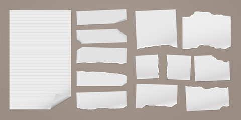 Set of torn, ripped paper strips, lined notebook sheet with soft shadow are on brown background for text, notes, ad. - 685239947