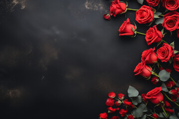 Valentine's border design with red roses and romantic motifs surrounding a black space.