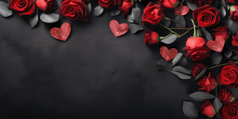 Valentine's border design with red roses, hearts and romantic motifs surrounding a black space.