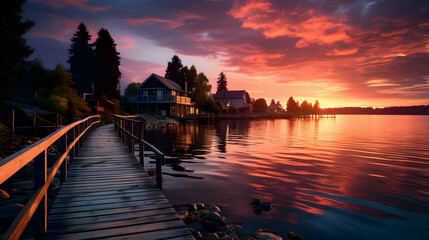 A wooden pier with houses on the water at sunset, Generated With Ai.