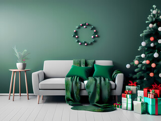 Christmas interior decoration. Christmas interior with Christmas tree and Christmas decorations. AI-generated digital illustration.