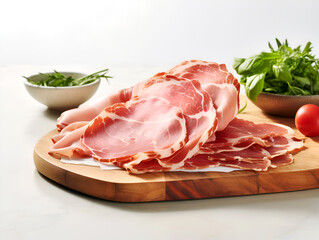 Thinly Sliced Prosciutto on Wooden Board with Fresh Greens, light background. Cured Italian Prosciutto ham Ready to Serve with Herbs and Tomato. Traditional Italian antipasto. Charcuterie board