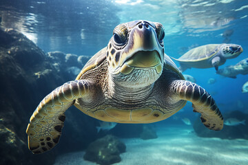 Underwater photo of wild turtle,
