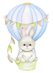 The bunny is flying in a blue balloon. watercolor clipart in cartoon style, on an isolated background.