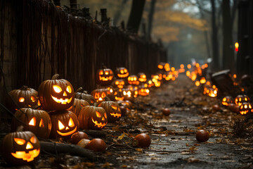 Halloween Pumpkins Illuminating a Path in the Autumn Woods - obrazy, fototapety, plakaty